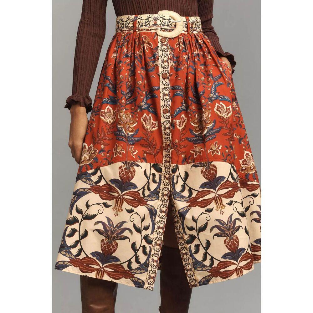 Farm Rio Winter Breeze Button-Front A-Line Midi Skirt LARGE 100% Cotton Large